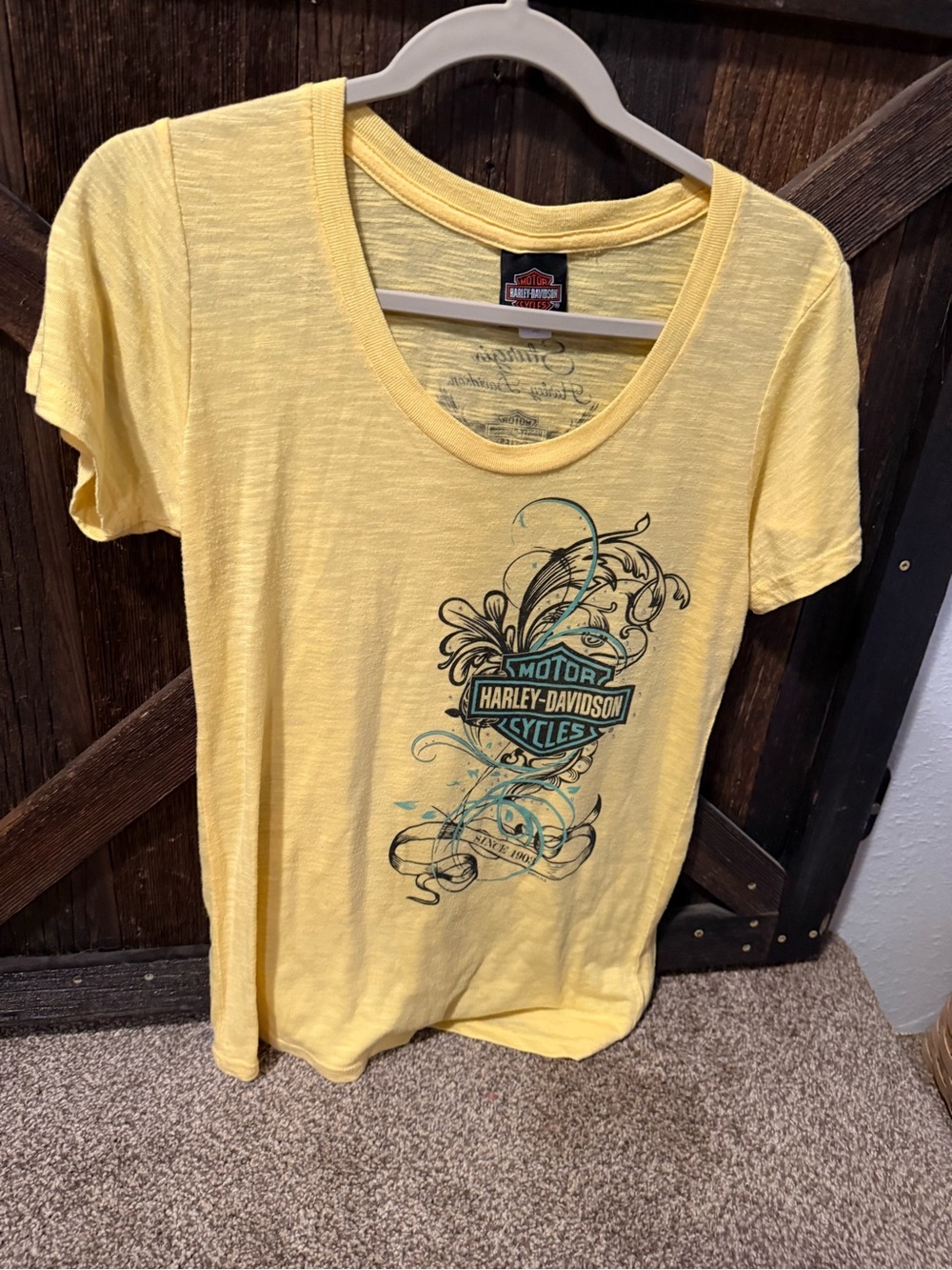 Harley-Davidson Pale Yellow Tee with Teal Graphic